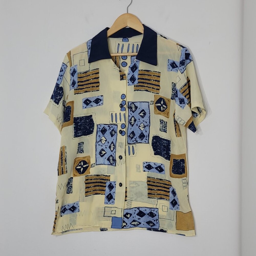 Vintage Unisex Abstract Yellow Blue Print Short Sleeve Button-Up Shirt Retro - Picture 2 of 11
